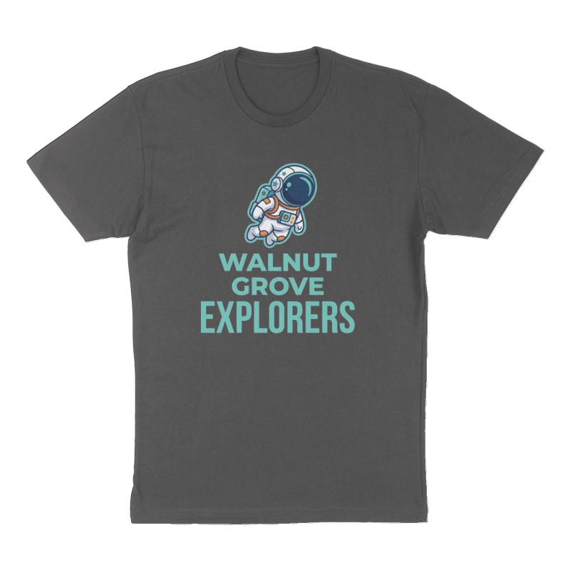 Custom t-shirt: "Walnut Grove Explorers", Front print, charcoal shirt
