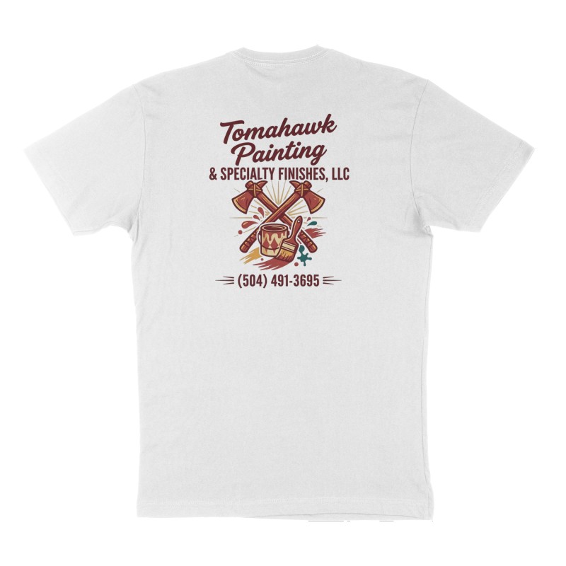 Custom t-shirt: "Tomahawk painting & specialty finishes, LLC", Back print, white shirt