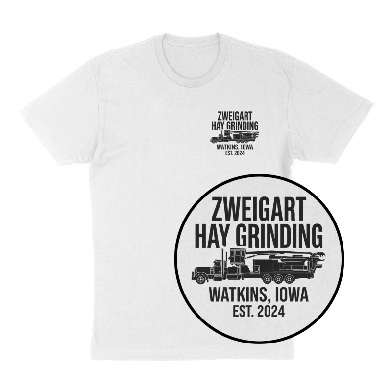 Custom t-shirt: "Zweigart Hay Grinding", Left Chest print, white shirt