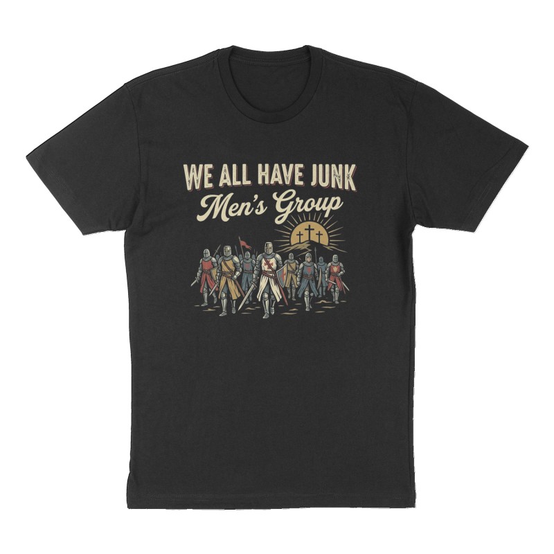 Custom t-shirt: "We All Have Junk Men’s Group", Front print, black shirt