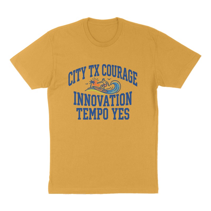Custom t-shirt: "City Tx Courage Innovation Tempo Yes", Front print, mustard-yellow shirt