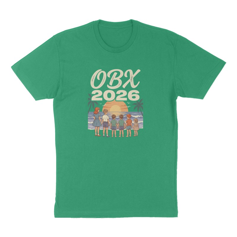 Custom t-shirt: "OBX 2026", Front print, green shirt
