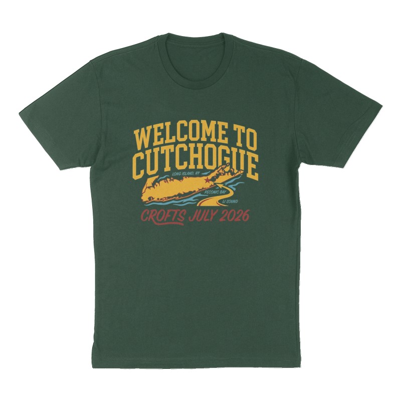 Custom t-shirt: "Welcome to Cutchogue", Front print, forest-green shirt