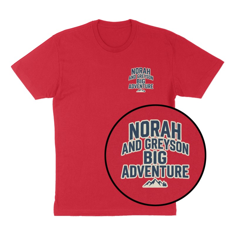 Custom t-shirt: "Norah and Greyson big adventure", Left Chest print, red shirt