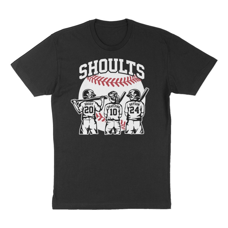 Custom t-shirt: "Shoults", Front print, black shirt