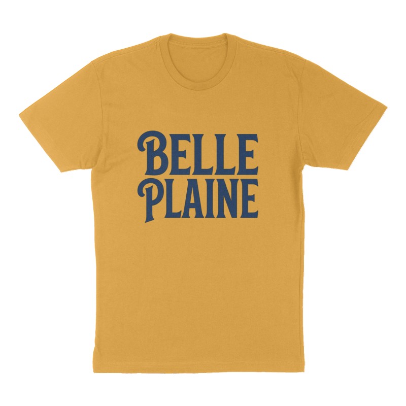 Custom t-shirt: "Belle Plaine", Front print, mustard-yellow shirt
