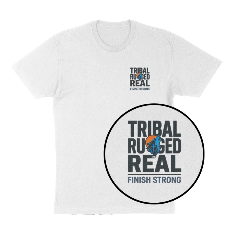 Custom t-shirt: "TRIBAL RUGGED REAL", Left Chest print, white shirt