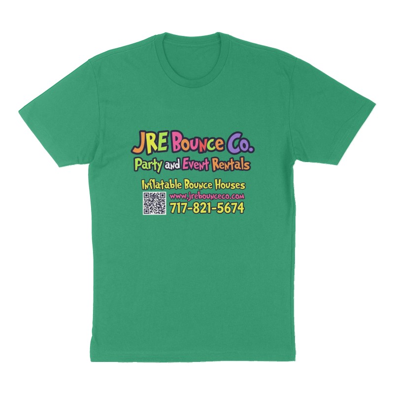 Custom t-shirt: "JRE Bounce Co.", Front print, green shirt
