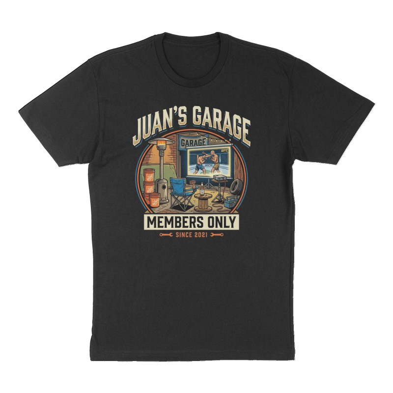Custom t-shirt: "Juan's Garage Members Only", Front print, black shirt