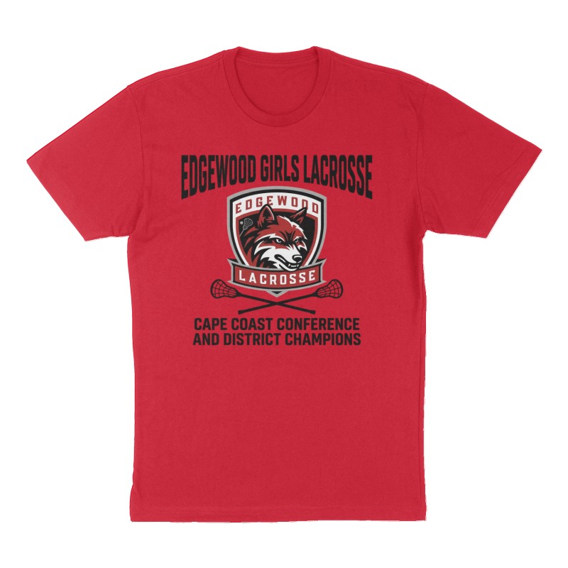 Custom t-shirt: "Edgewood Girls Lacrosse Cape Coast Conference and District  Champions", Front print, red shirt