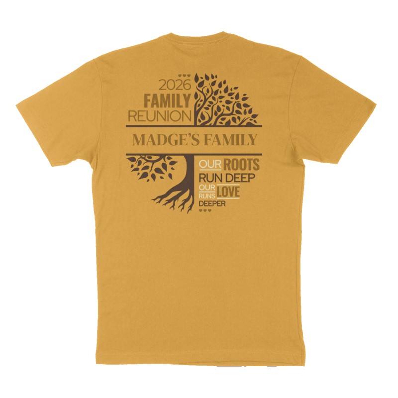 Custom t-shirt design, Back print, mustard-yellow shirt