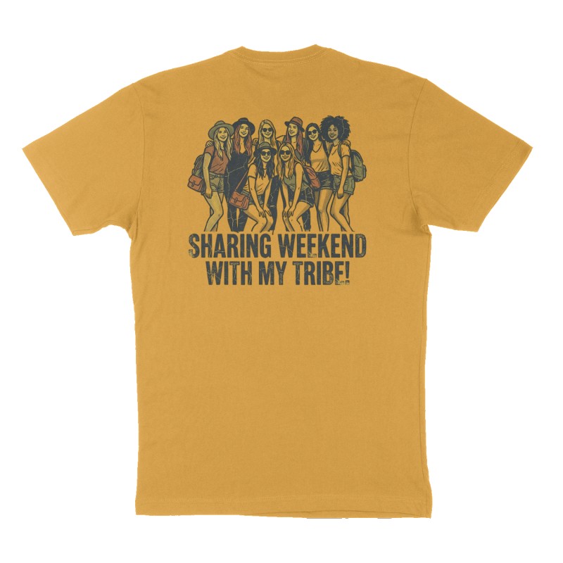 Custom t-shirt: "Sharing Weekend Vibes with My Tribe!", Back print, mustard-yellow shirt