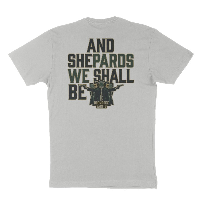 Custom t-shirt: "And Shepards We Shall Be", Back print, heather-gray shirt
