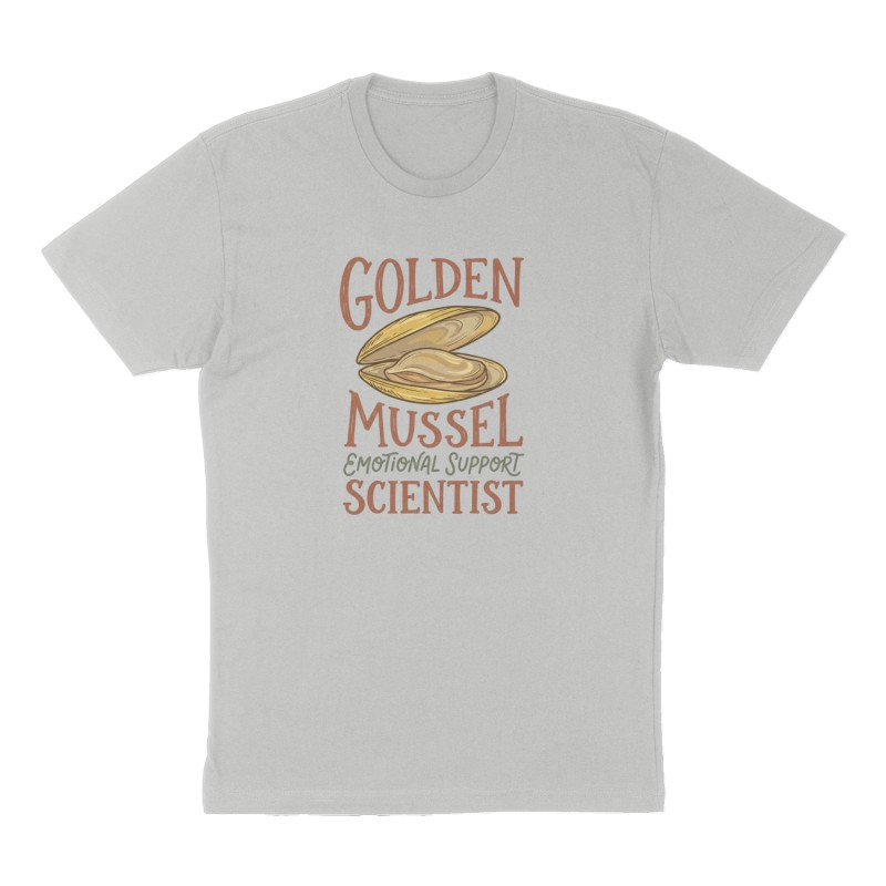 Custom t-shirt: "Golden Mussel Emotional Support Scientist", Front print, heather-gray shirt