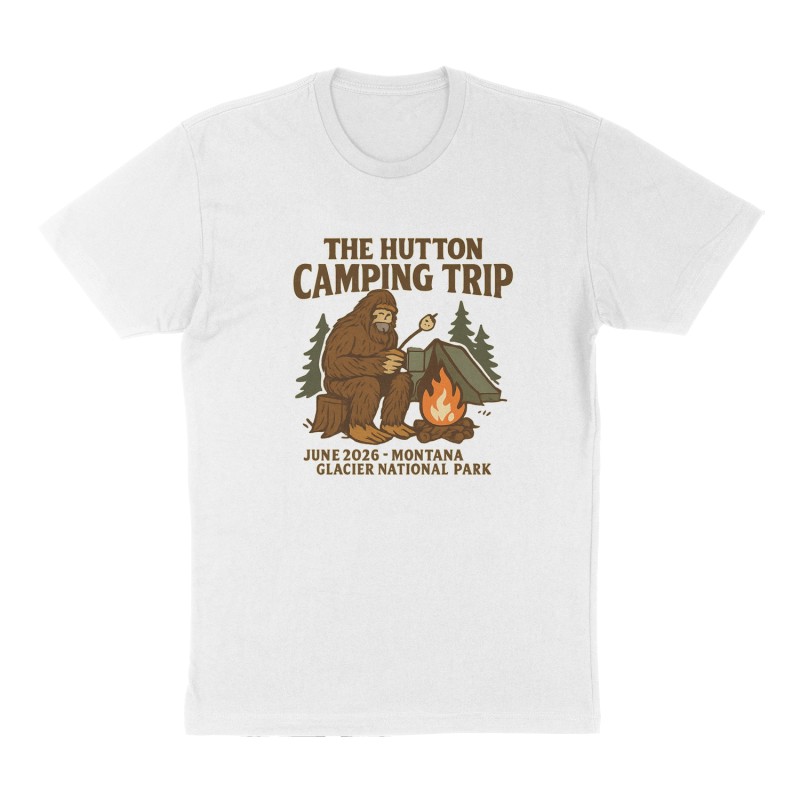Custom t-shirt: "The Hutton Camping Trip", Front print, white shirt
