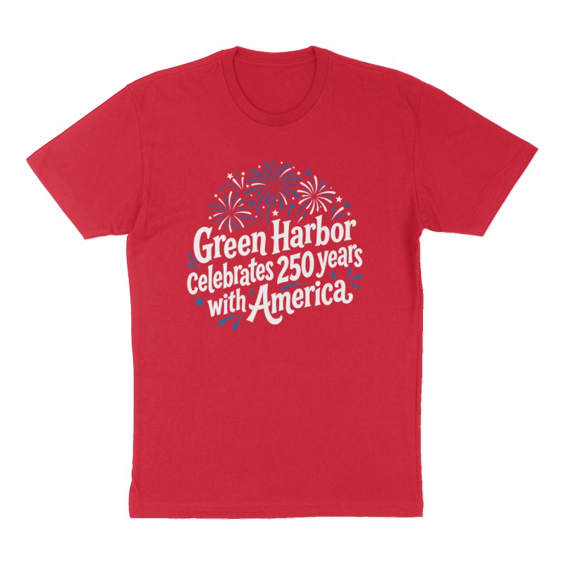 Custom t-shirt: "Green Harbor celebrates 250 years with America", Front print, red shirt
