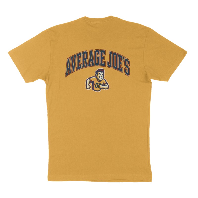 Custom t-shirt design, Back print, mustard-yellow shirt