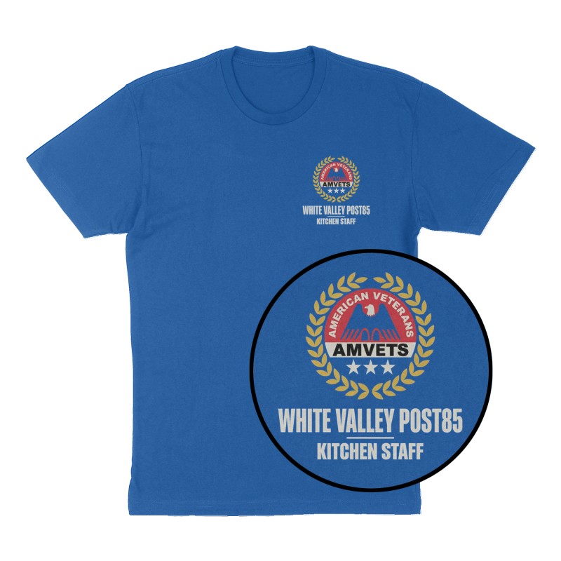 Custom t-shirt: "WHITE VALLEY POST85", Left Chest print, royal-blue shirt