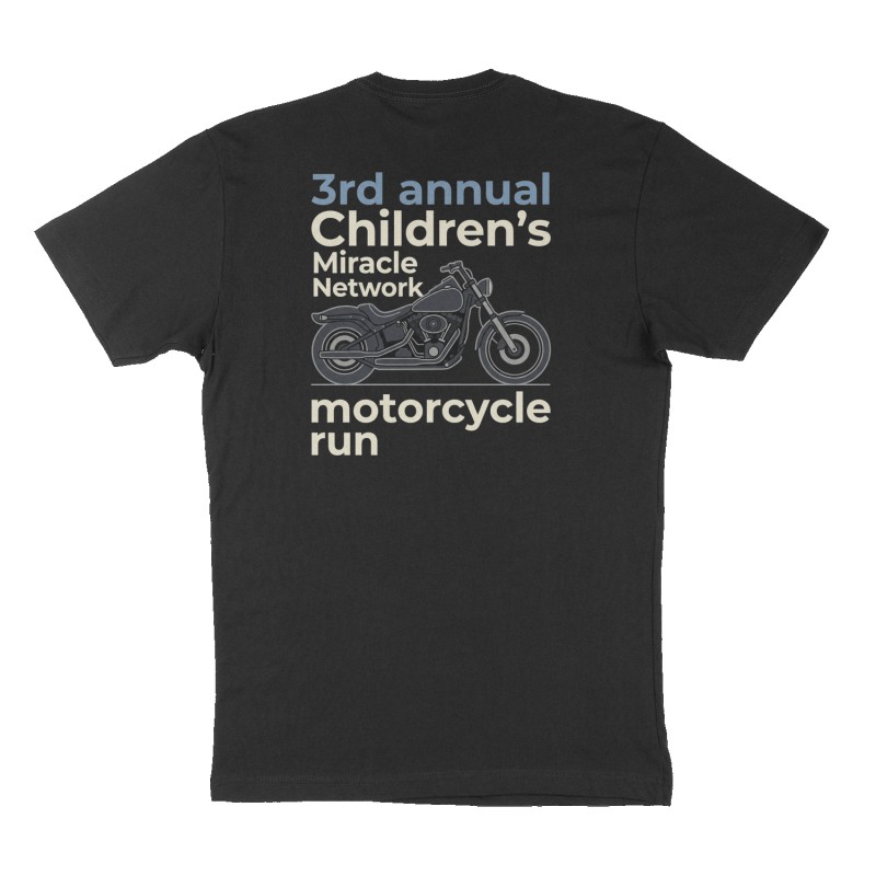 Custom t-shirt: "3rd annual Children's Miracle Network motorcycle run ", Back print, black shirt