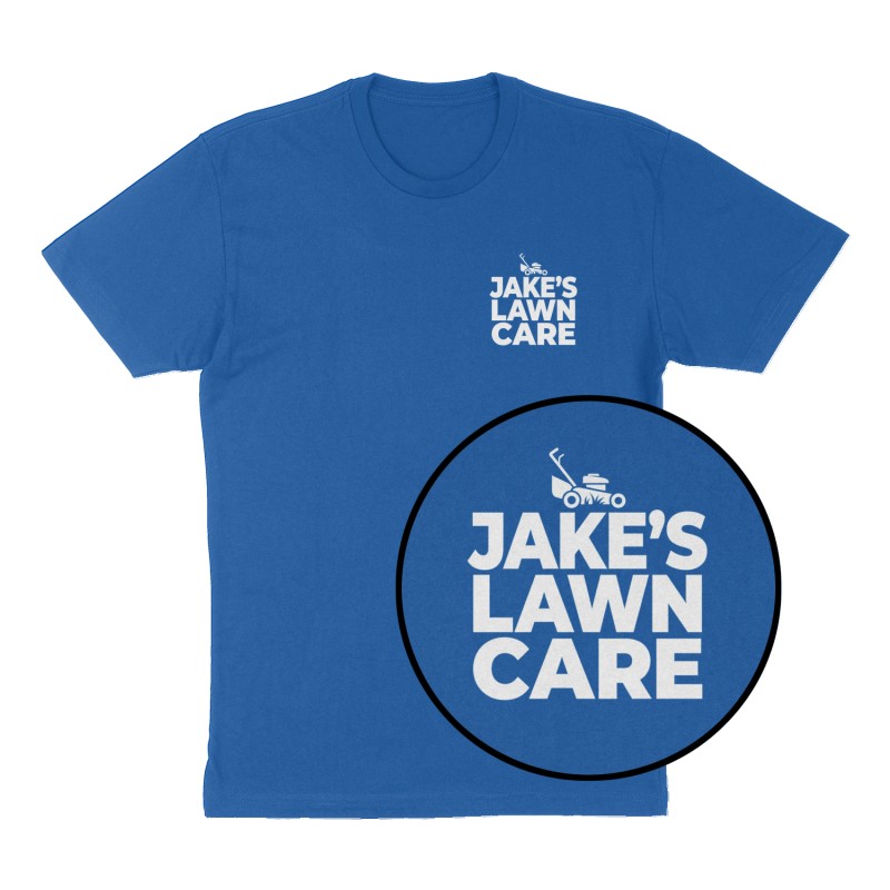 Custom t-shirt: "Jake’s lawn care", Left Chest print, royal-blue shirt