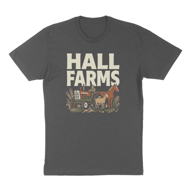 Custom t-shirt: "Hall Farms", Front print, charcoal shirt