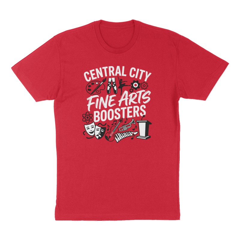 Custom t-shirt: "Central City Fine Arts Boosters", Front print, red shirt