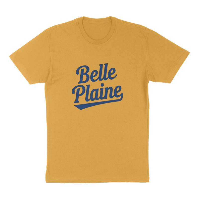 Custom t-shirt: "Belle Plaine", Front print, mustard-yellow shirt
