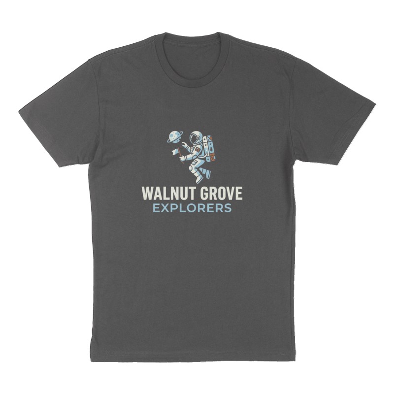 Custom t-shirt: "Walnut Grove Explorers", Front print, charcoal shirt