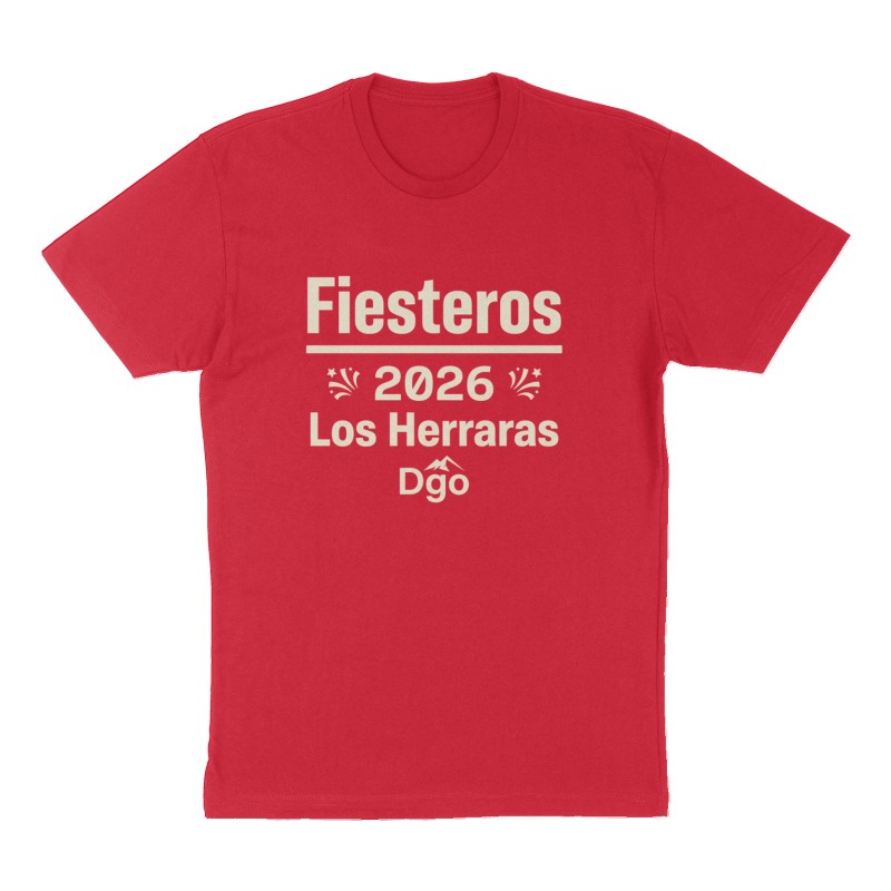 Custom t-shirt: "Fiesteros 2026, Los Herraras, Dgo", Front print, red shirt