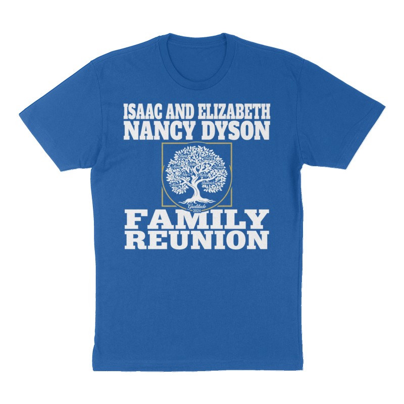 Custom t-shirt: "Issac and Elizabeth Nancy Dyson Family Reunion", Front print, royal-blue shirt