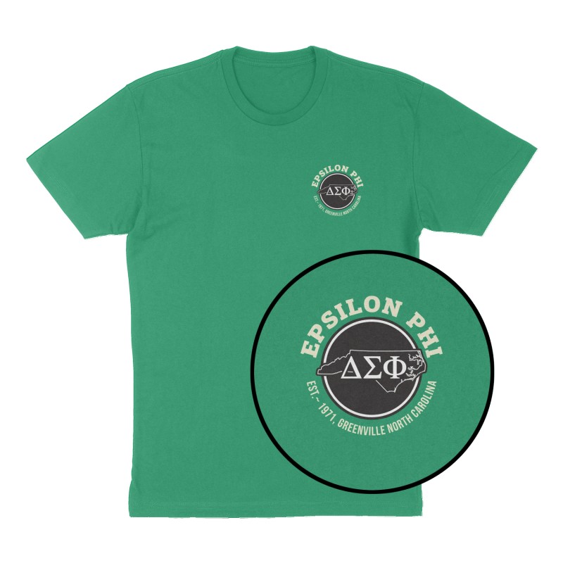 Custom t-shirt: "Epsilon Phi", Left Chest print, green shirt