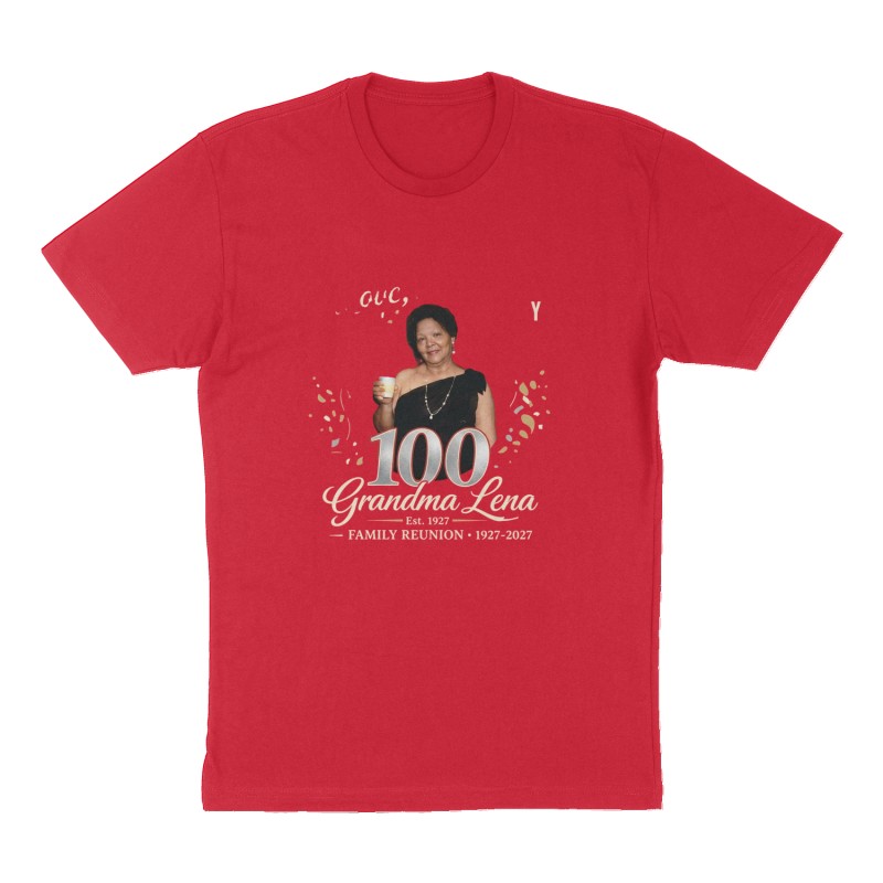 Custom t-shirt: "A CENTURY OF LOVE, LAUGHTER AND FAMILY", Front print, red shirt
