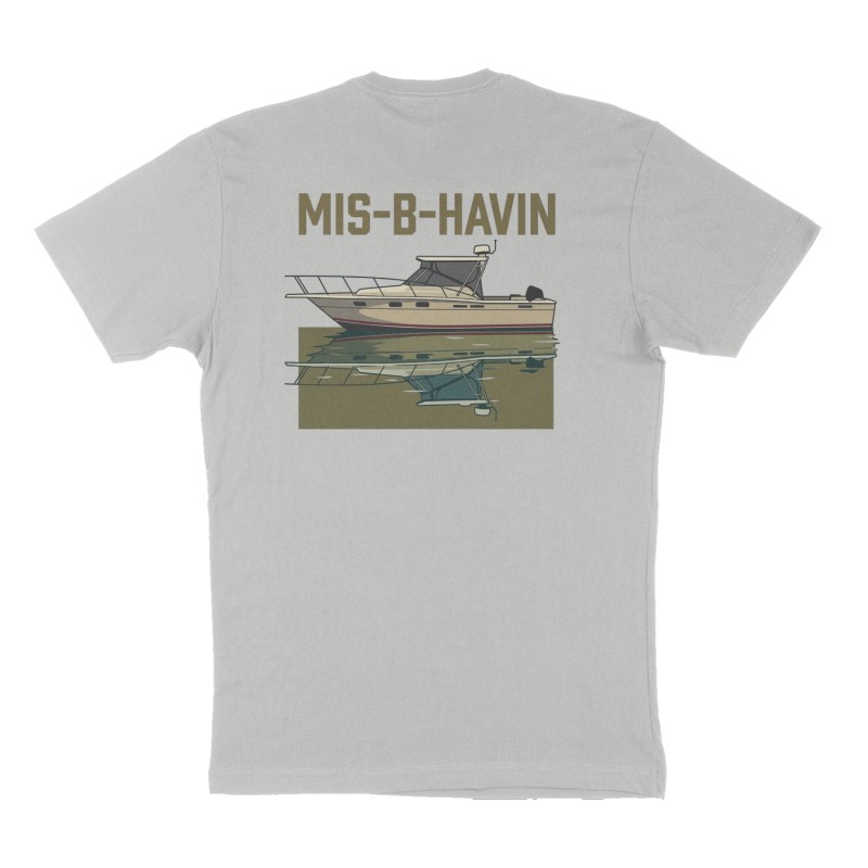 Custom t-shirt: "Mis-B-Havin", Back print, heather-gray shirt