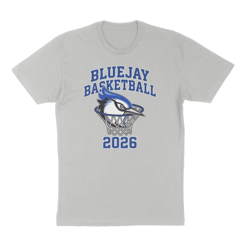 Custom t-shirt: "Bluejay Basketball", Front print, heather-gray shirt
