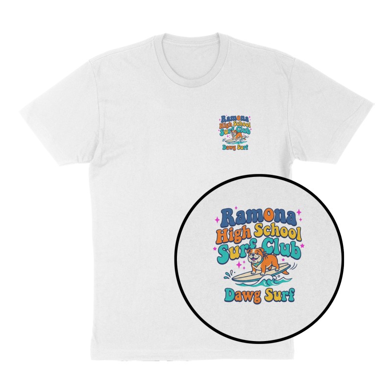 Custom t-shirt: "Ramona High School Surf Club", Left Chest print, white shirt