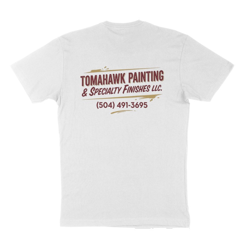 Custom t-shirt: "Tomahawk Painting & Specialty Finishes LLC.", Back print, white shirt