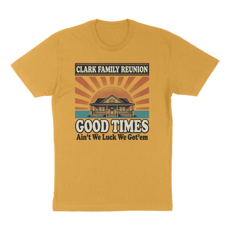 Custom t-shirt: "Clark Family Reunion", mustard-yellow shirt