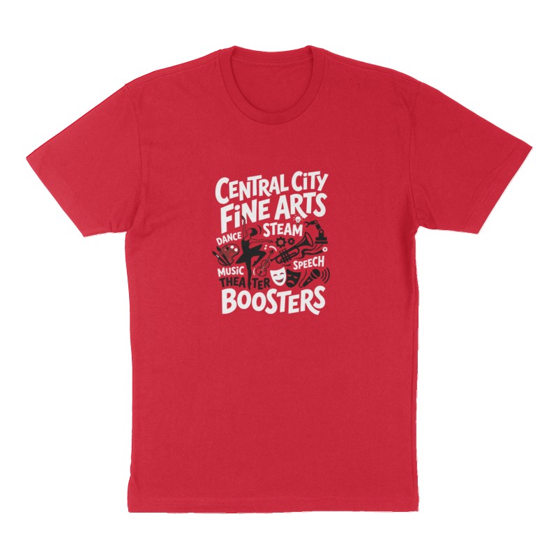 Custom t-shirt: "Central City Fine Arts Boosters", Front print, red shirt