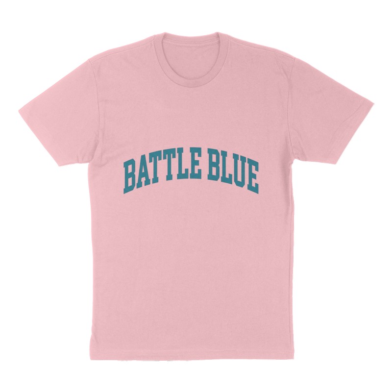 Custom t-shirt: "Battle Blue", Front print, pink shirt