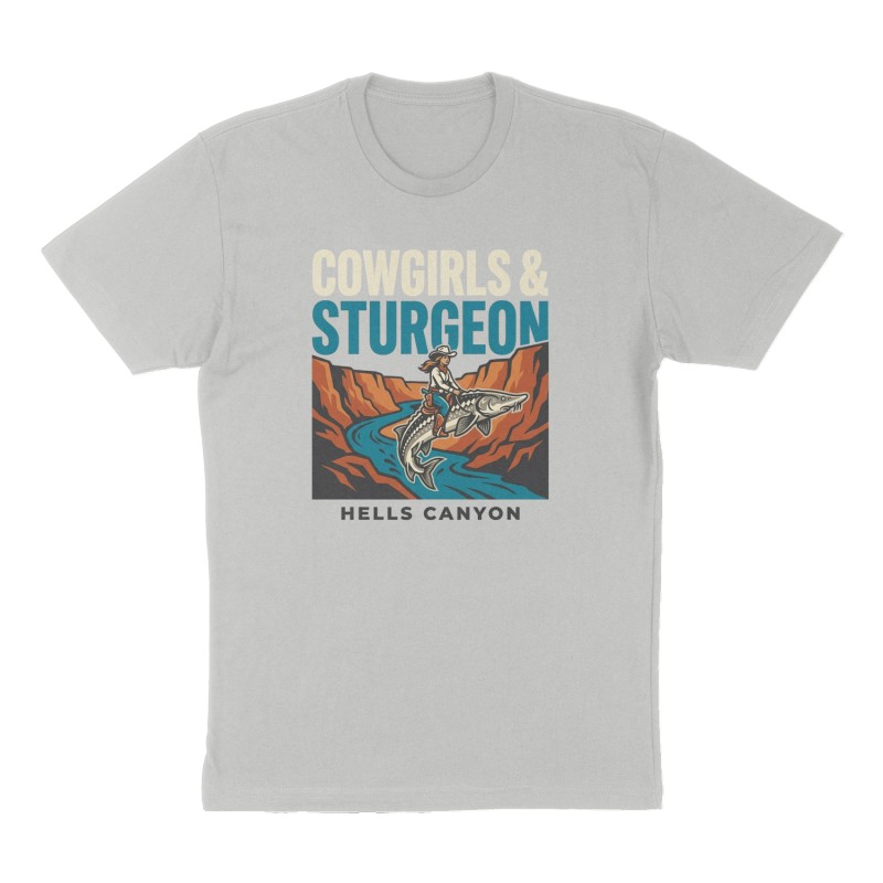 Custom t-shirt: "Cowgirls & Sturgeon", Front print, heather-gray shirt