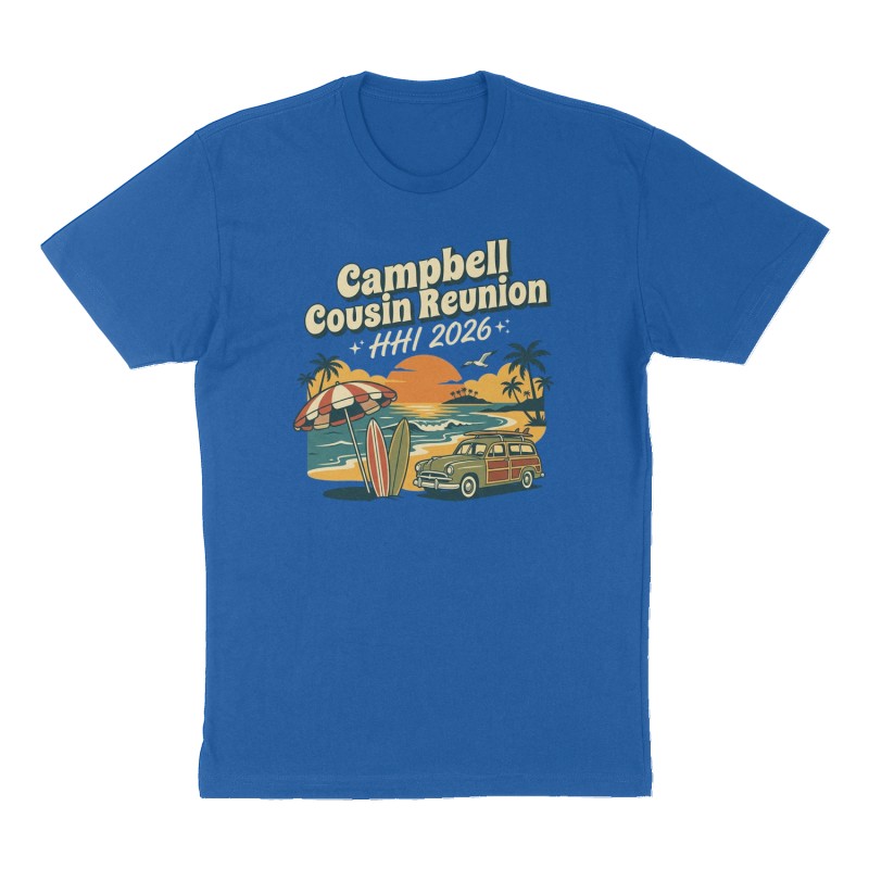 Custom t-shirt: "Campbell Cousin Reunion", Front print, royal-blue shirt
