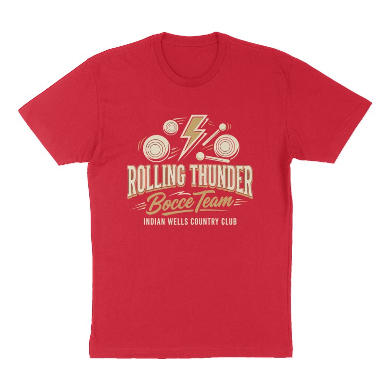 Custom t-shirt: "Rolling Thunder Bocce Team", Front print, red shirt