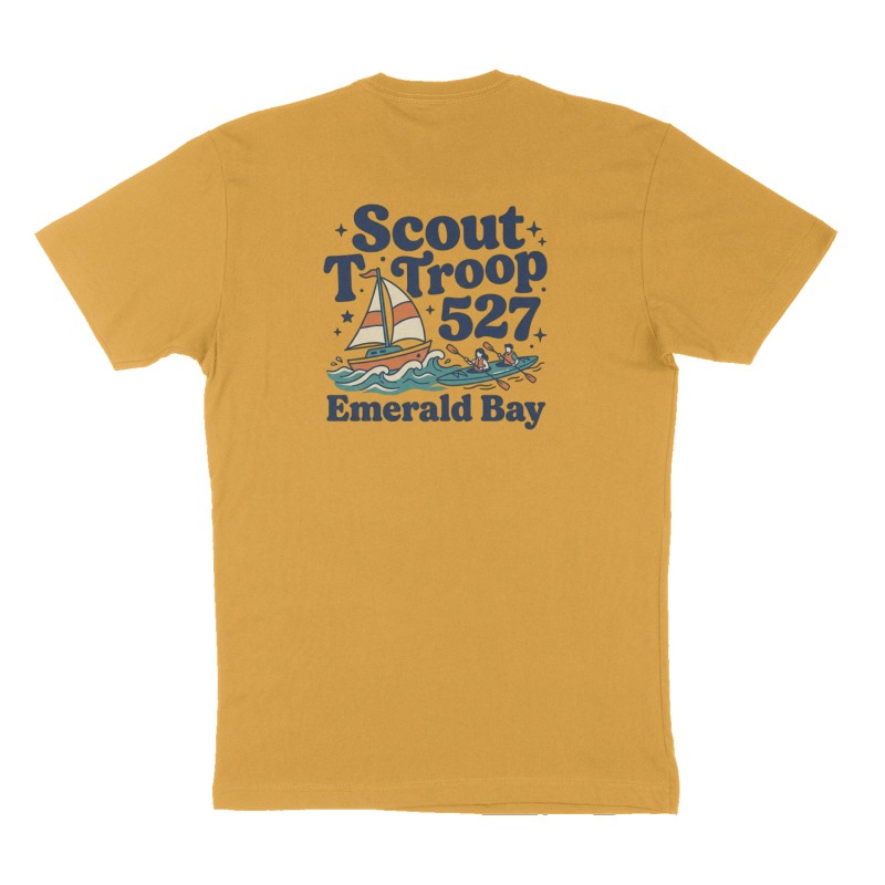Custom t-shirt: "Scout Troop 527", Back print, mustard-yellow shirt