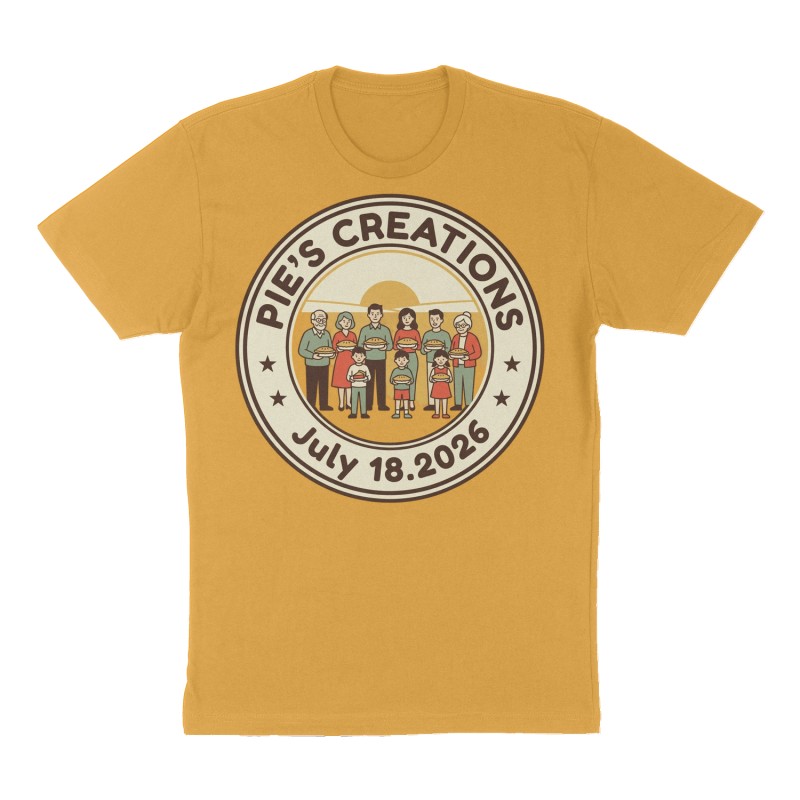 Custom t-shirt: "Pie’s Creations", mustard-yellow shirt