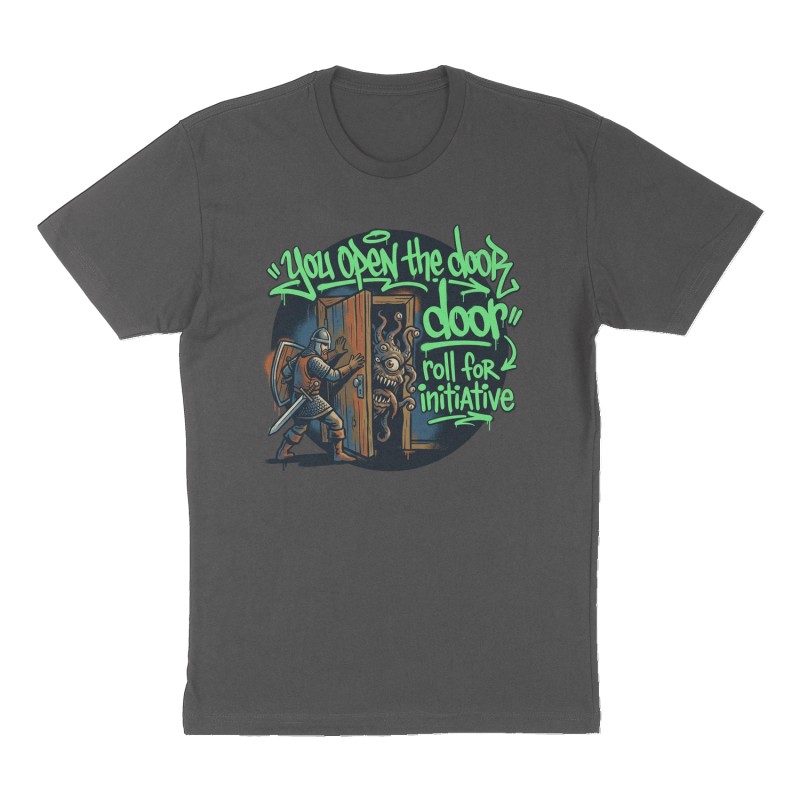 Custom t-shirt: "you open the door ", Front print, charcoal shirt