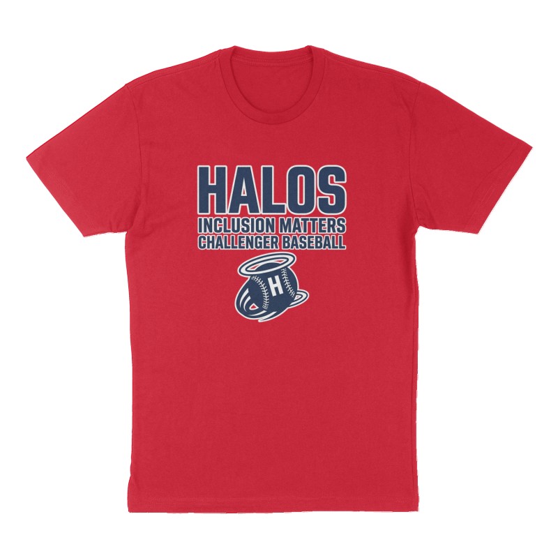 Custom t-shirt: "HALOS", Front print, red shirt