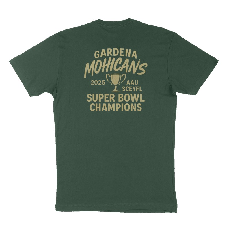 Custom t-shirt: "Gardena Mohicans", Back print, forest-green shirt