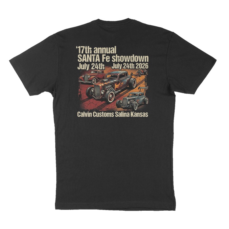 Custom t-shirt: "17th annual SANTA Fe showdown July 24th 2026", Back print, black shirt