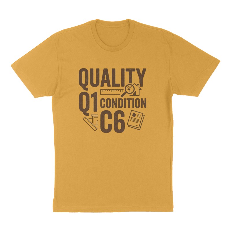 Custom t-shirt: "Quality Q1 Condition C6", Front print, mustard-yellow shirt