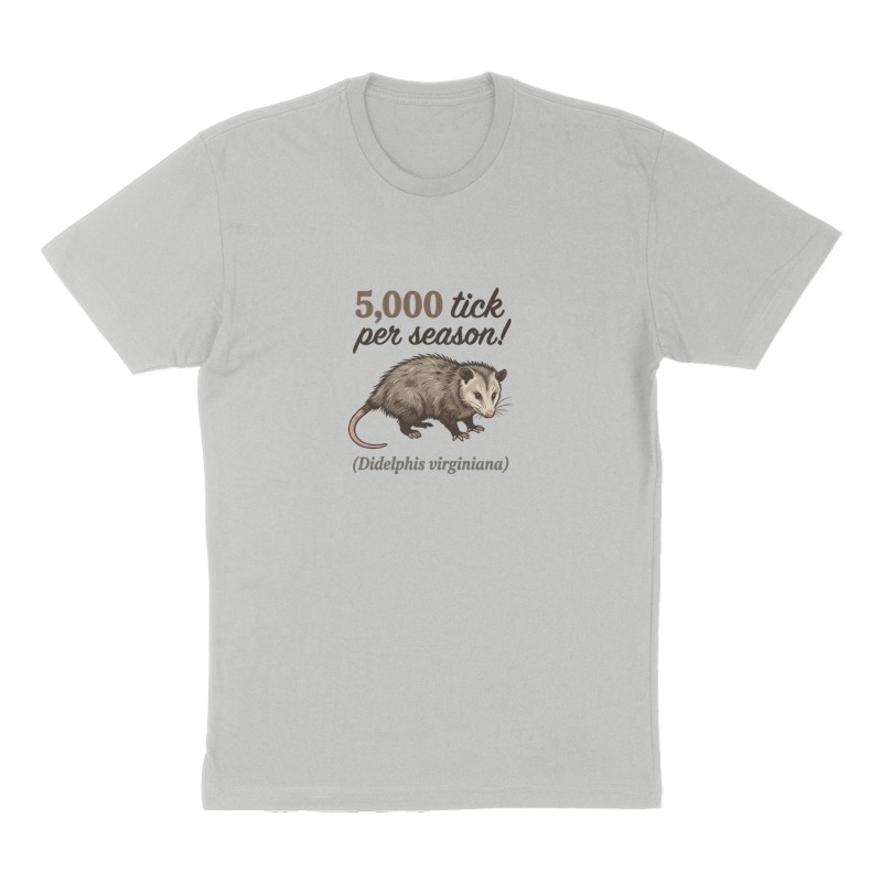 Custom t-shirt: "5,000 tick per season!", Front print, heather-gray shirt